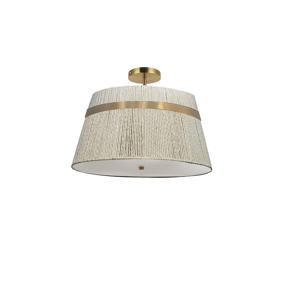 3 Light Semi-Flush Mount in Aged Brass w/ Natural String Shade. Picture 1