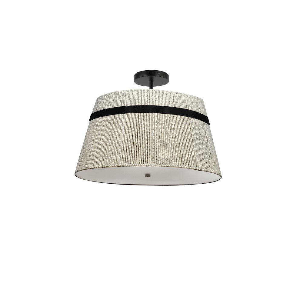 3 Light Semi-Flush Mount in Matte Black w/ Natural String Shade. Picture 1