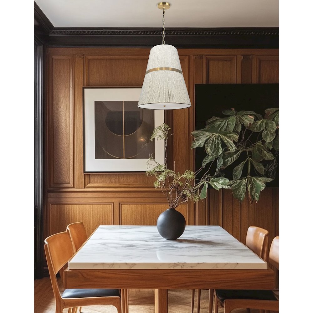 3 Light Pendant in Aged Brass w/ Natural String Shade. Picture 2