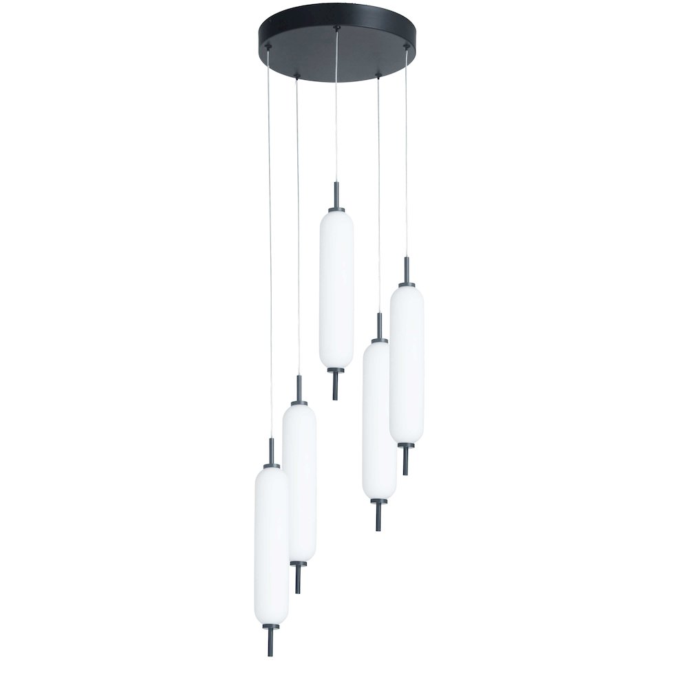 45W Matte Black Multi Light Pendant w/ White Opal Glass. Picture 1