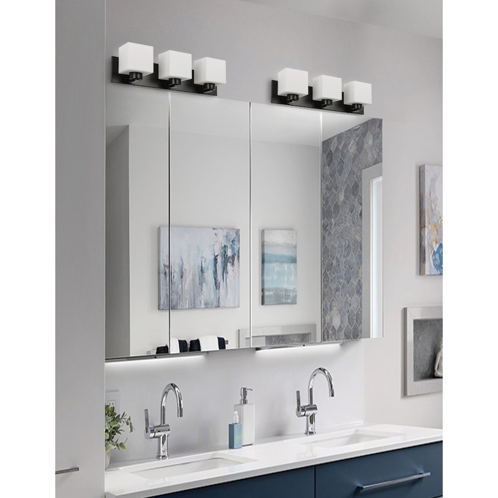 3 Light Vanity Matte Black with White Opal Glass. Picture 3
