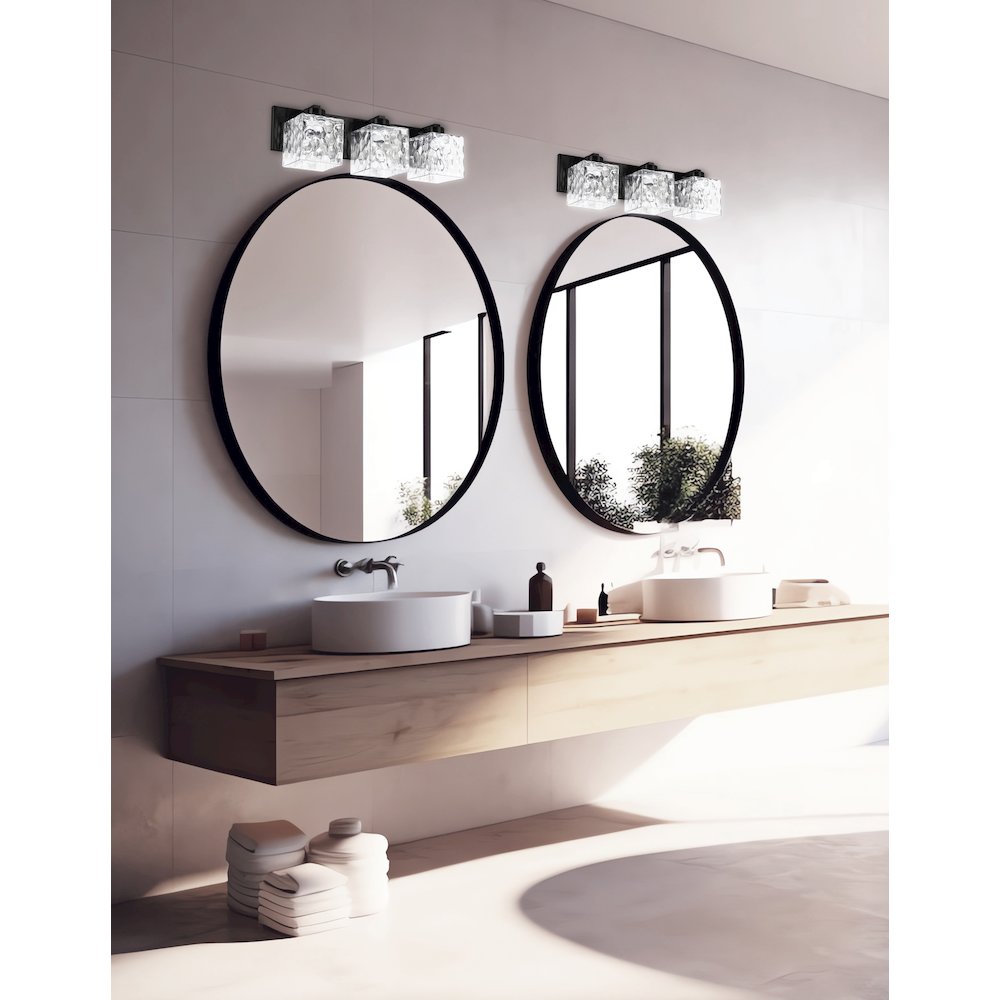 3 Light Vanity in Matte Black w/ Clear Water Glass. Picture 3