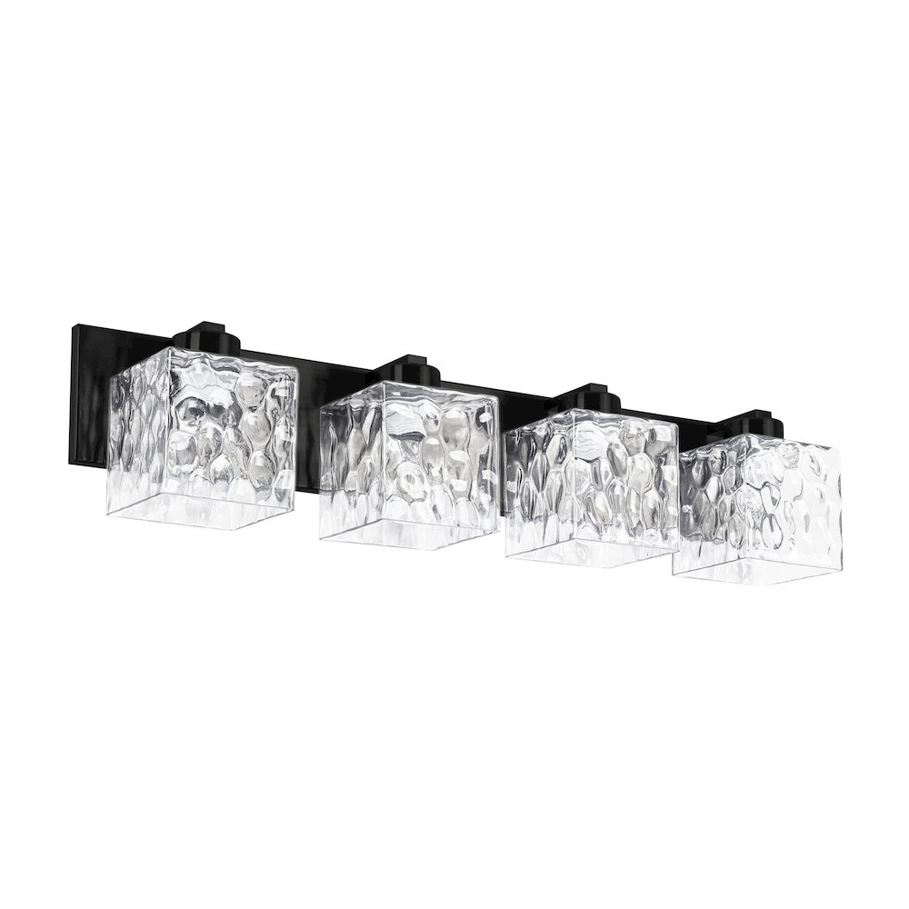 4 Light Vanity in Matte Black w/ Clear Water Glass. Picture 1
