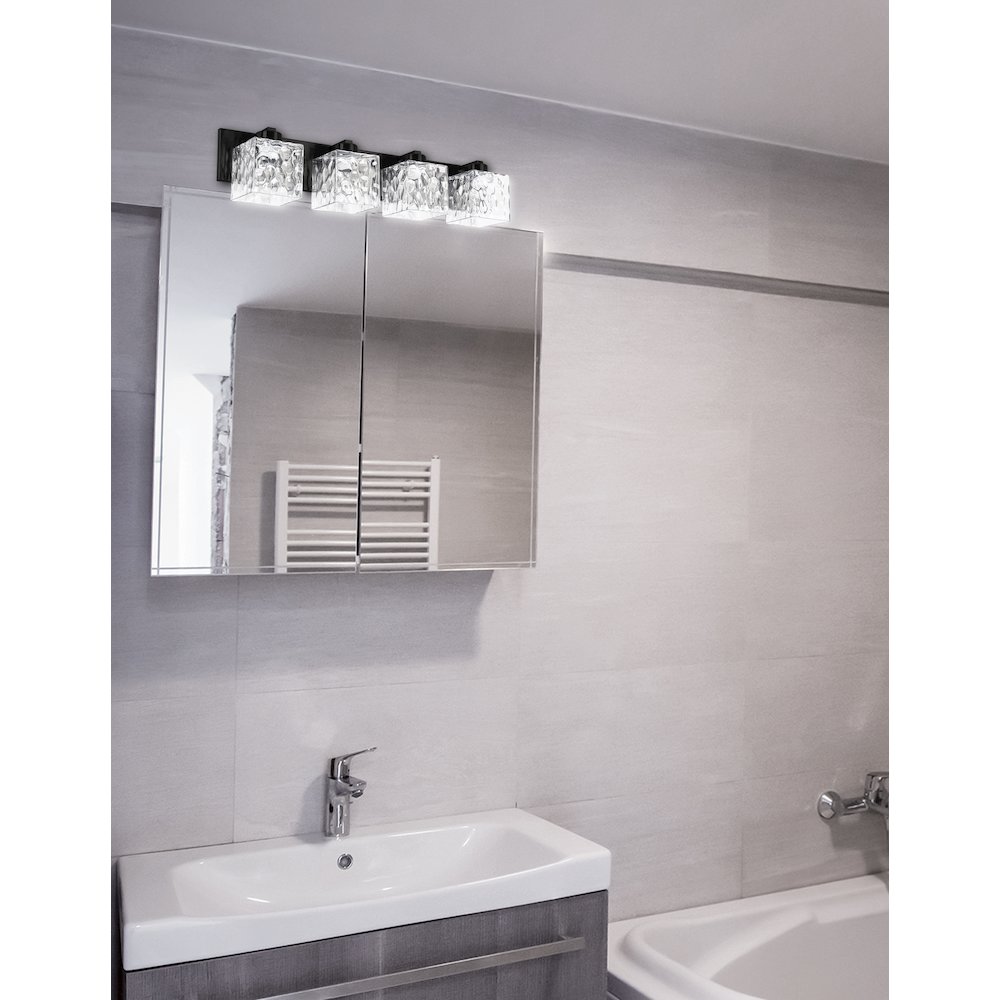 4 Light Vanity in Matte Black w/ Clear Water Glass. Picture 3