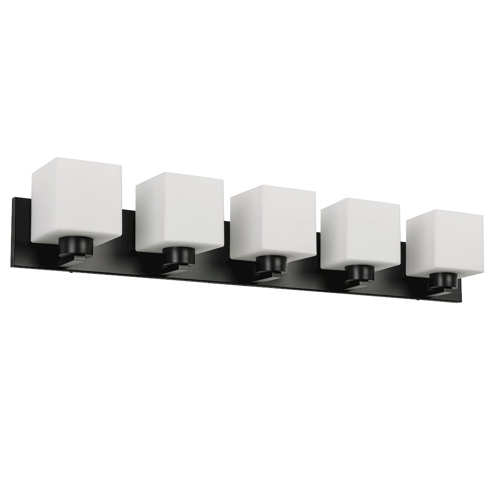5 Light Vanity Matte Black with White Opal Glass. Picture 1