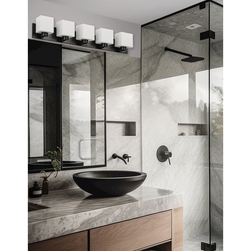 5 Light Vanity Matte Black with White Opal Glass. Picture 3