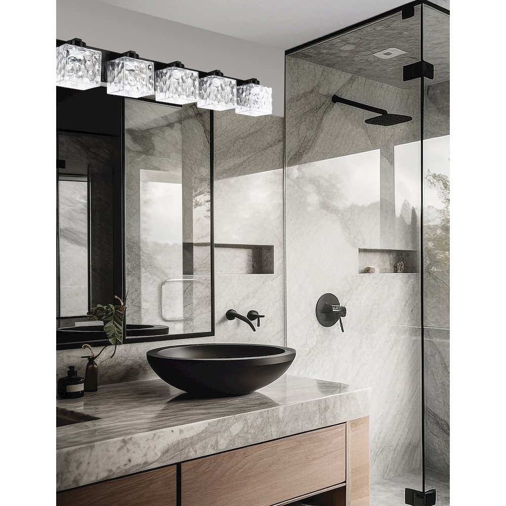 5 Light Vanity in Matte Black w/ Clear Water Glass. Picture 3