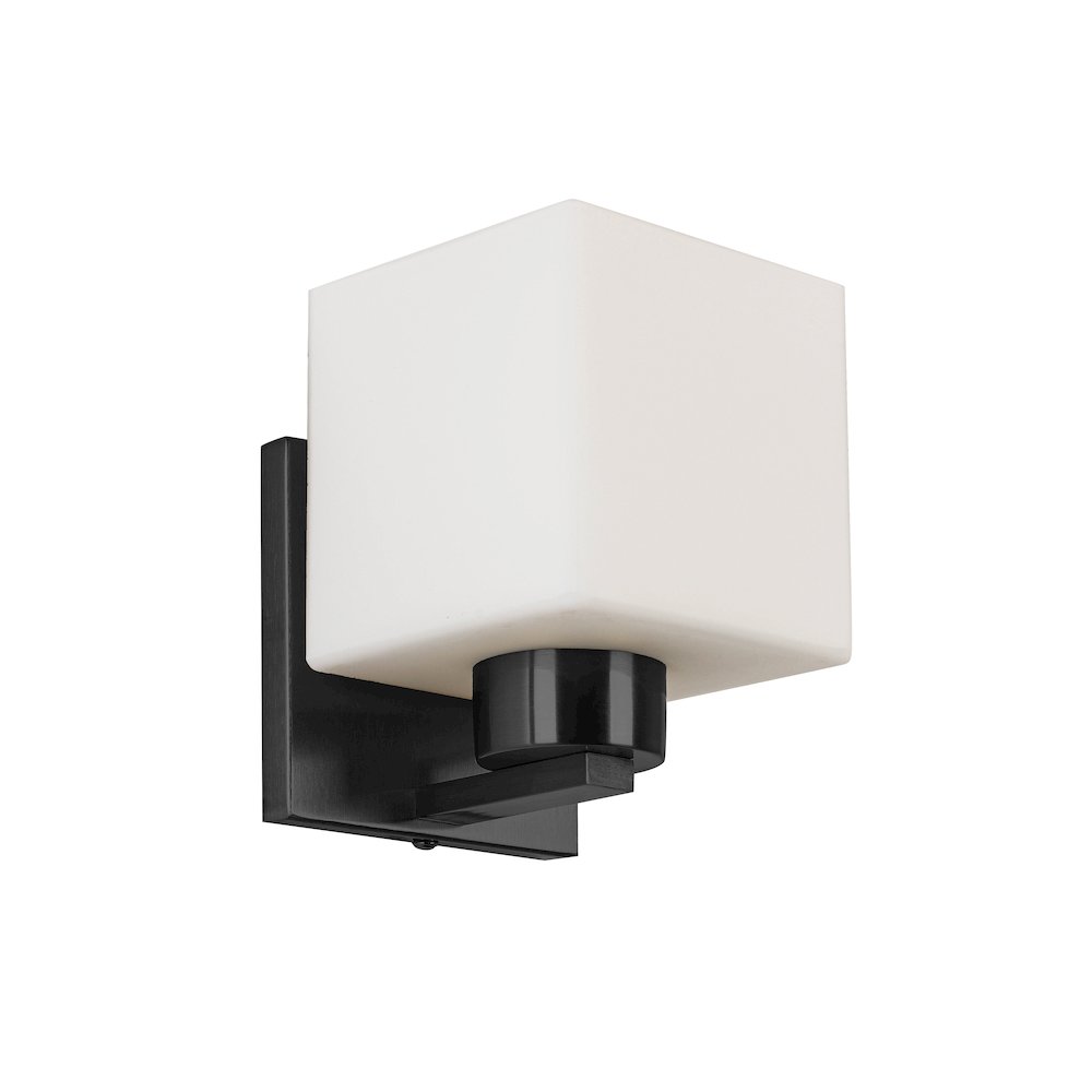 1 Light Wall Sconce Matte Black with White Opal Glass. Picture 1