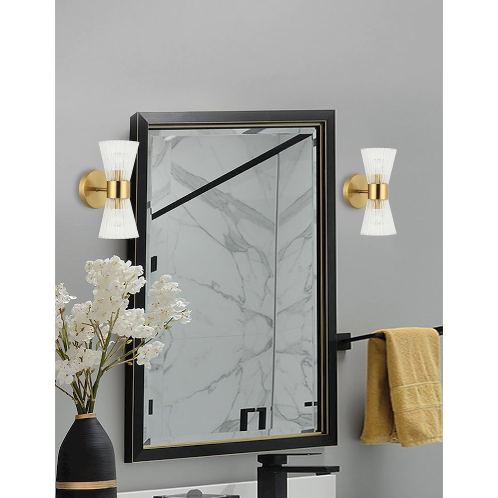 2 Light Incandescent Vanity Aged Brass with Clear Ribbed Glass. Picture 3