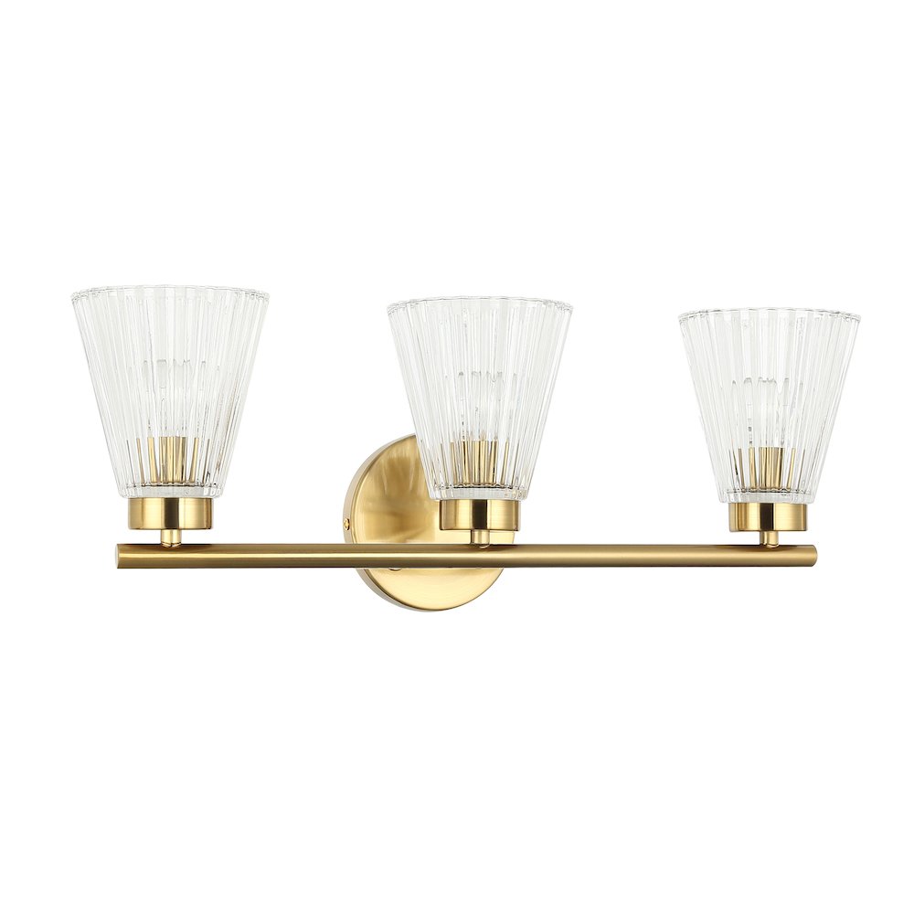 3 Light Incandescent Vanity Aged Brass with Clear Ribbed Glass. Picture 1