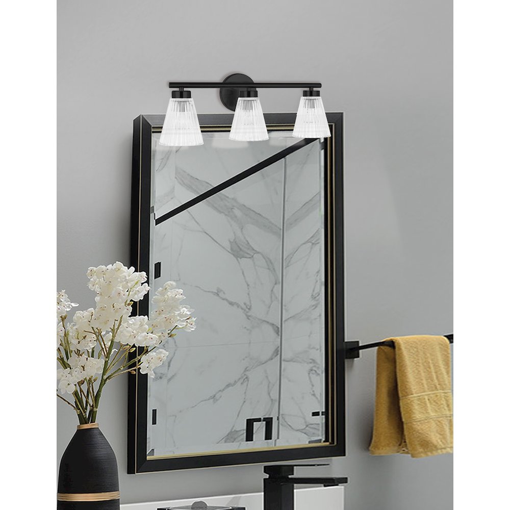3 Light Incandescent Vanity Matte Black with Clear Ribbed Glass. Picture 3