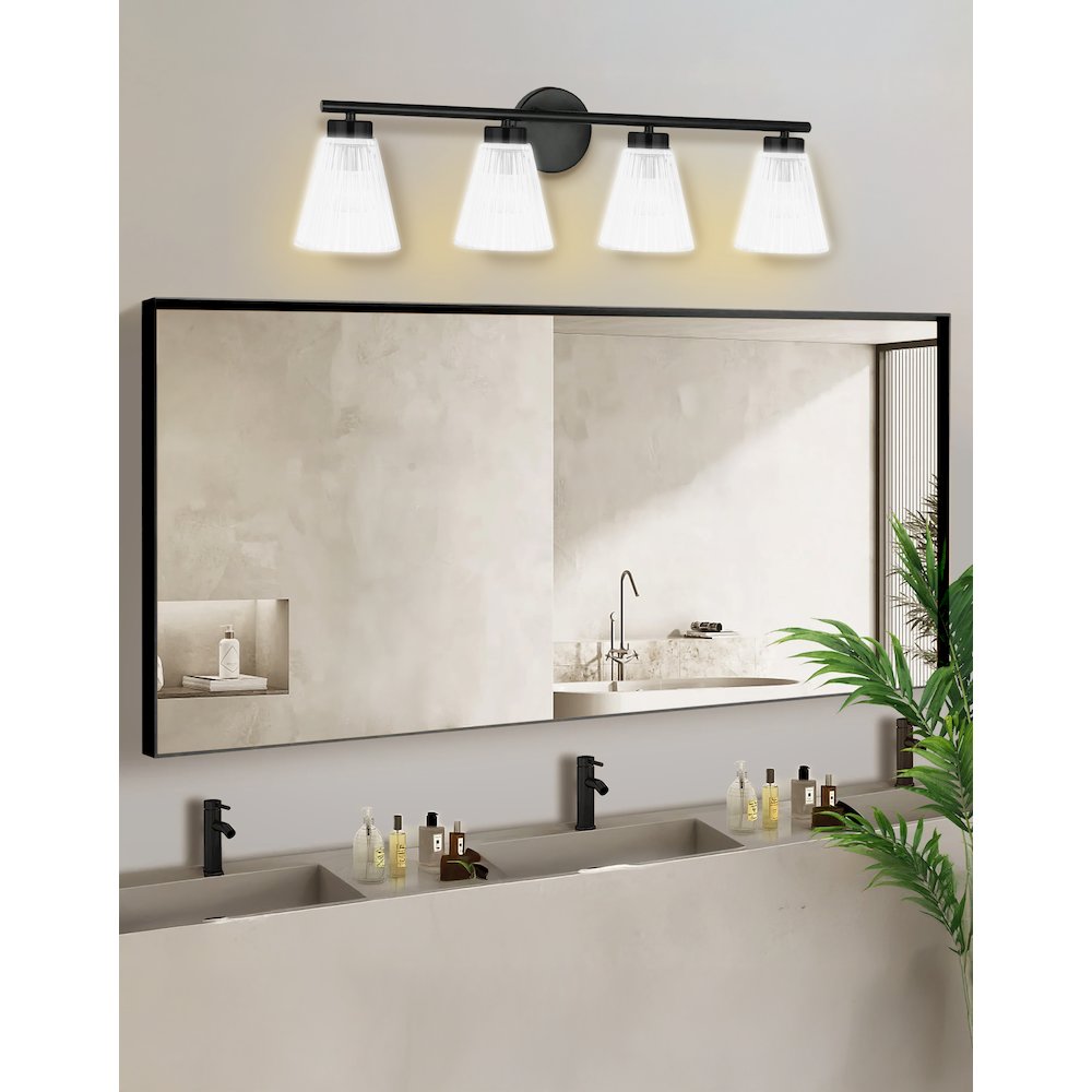 4 Light Incandescent Vanity Matte Black with Clear Ribbed Glass. Picture 3