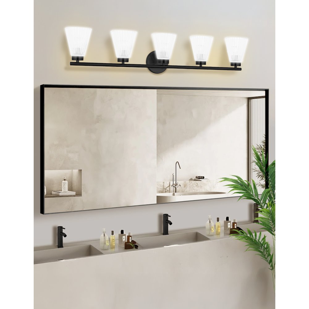 5 Light Incandescent Vanity Matte Black with Clear Ribbed Glass. Picture 3