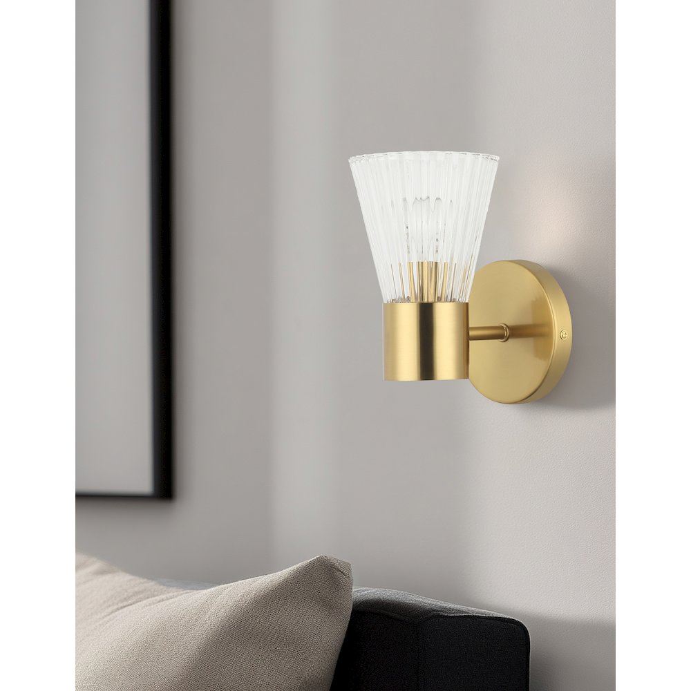 1 Light Incandescent Wall Satin Chrome Aged Brass with Clear Ribbed Glass. Picture 3