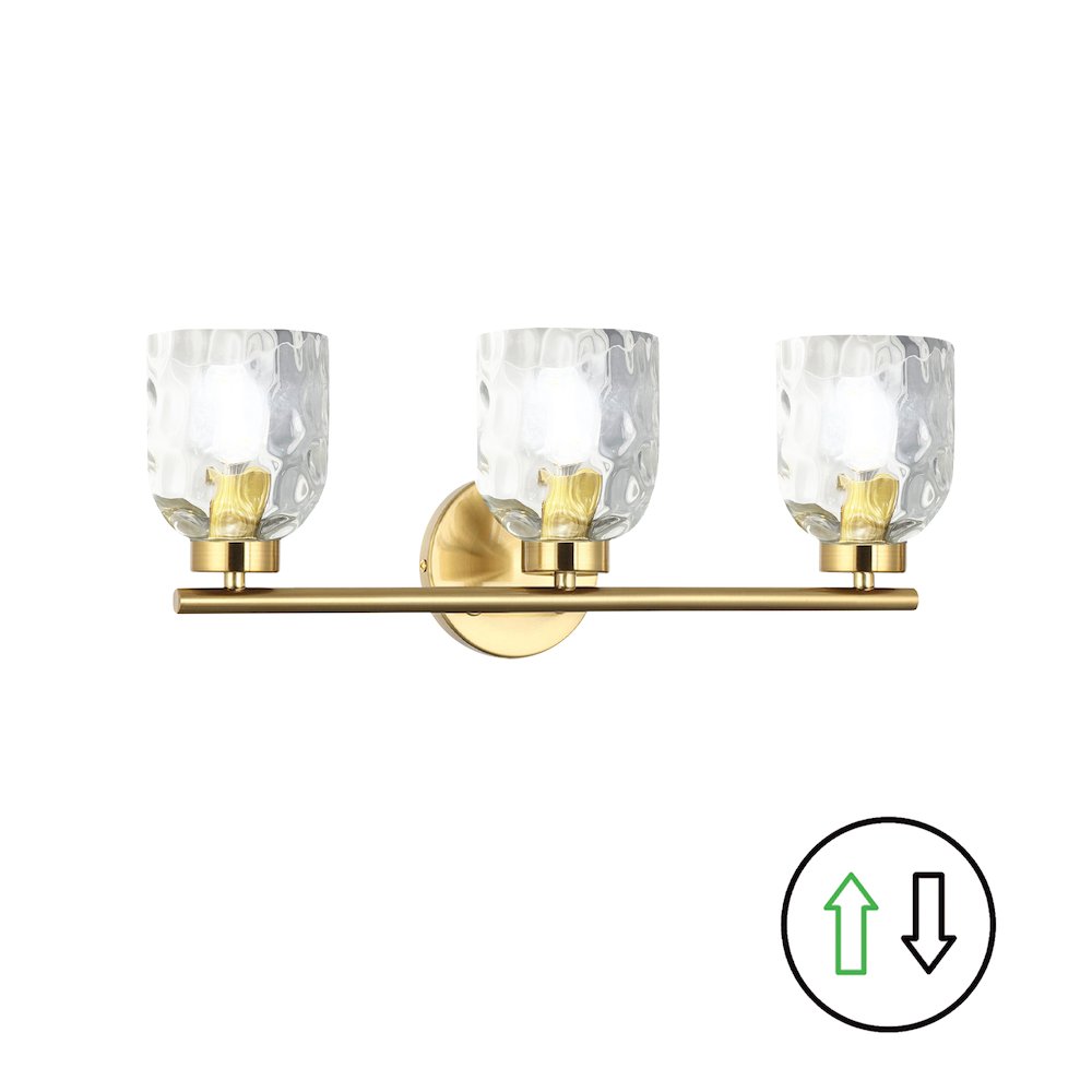 3 Light Aged Brass Vanity w/ Clear Water Glass. Picture 1