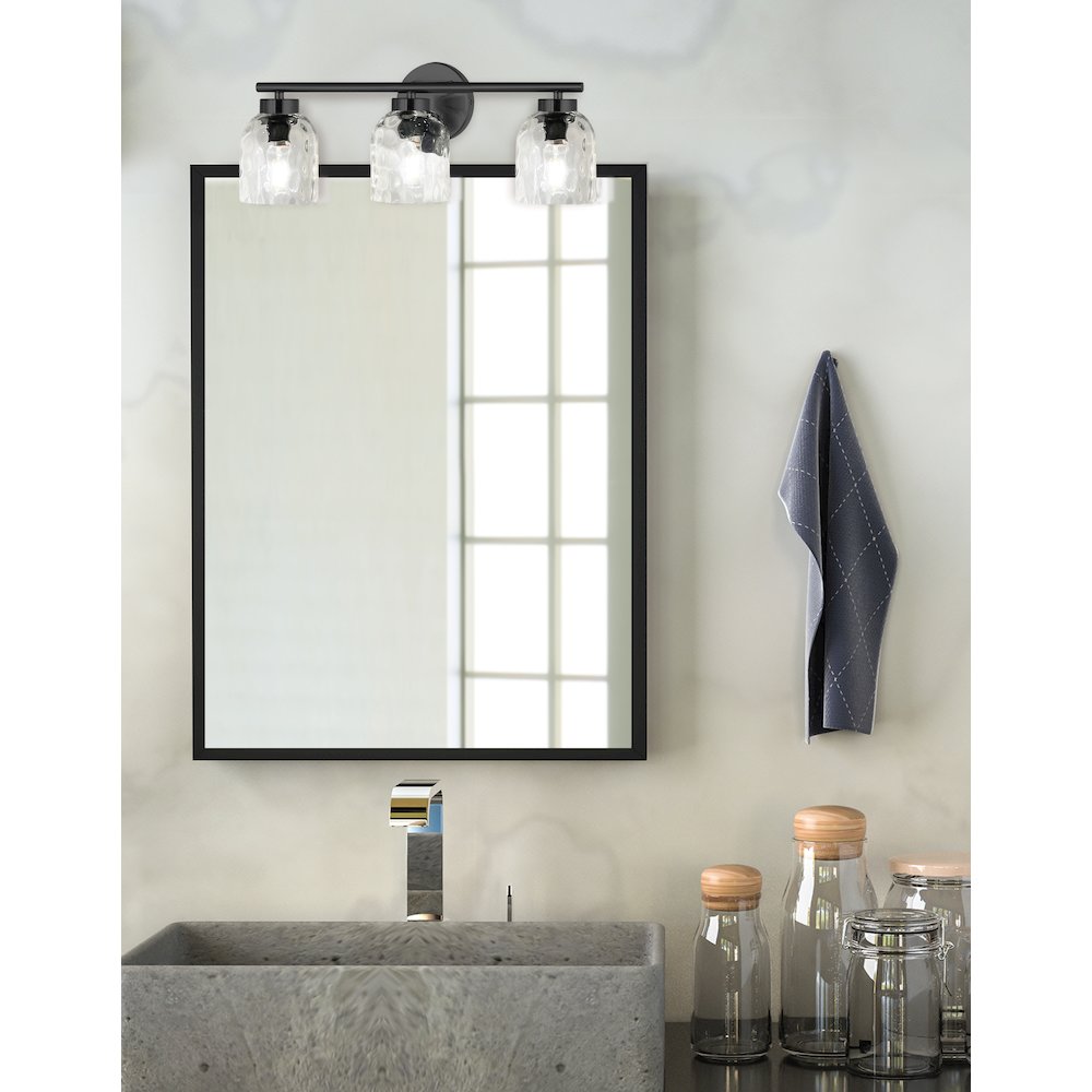 3 Light Matte Black Vanity w/ Clear Water Glass. Picture 3