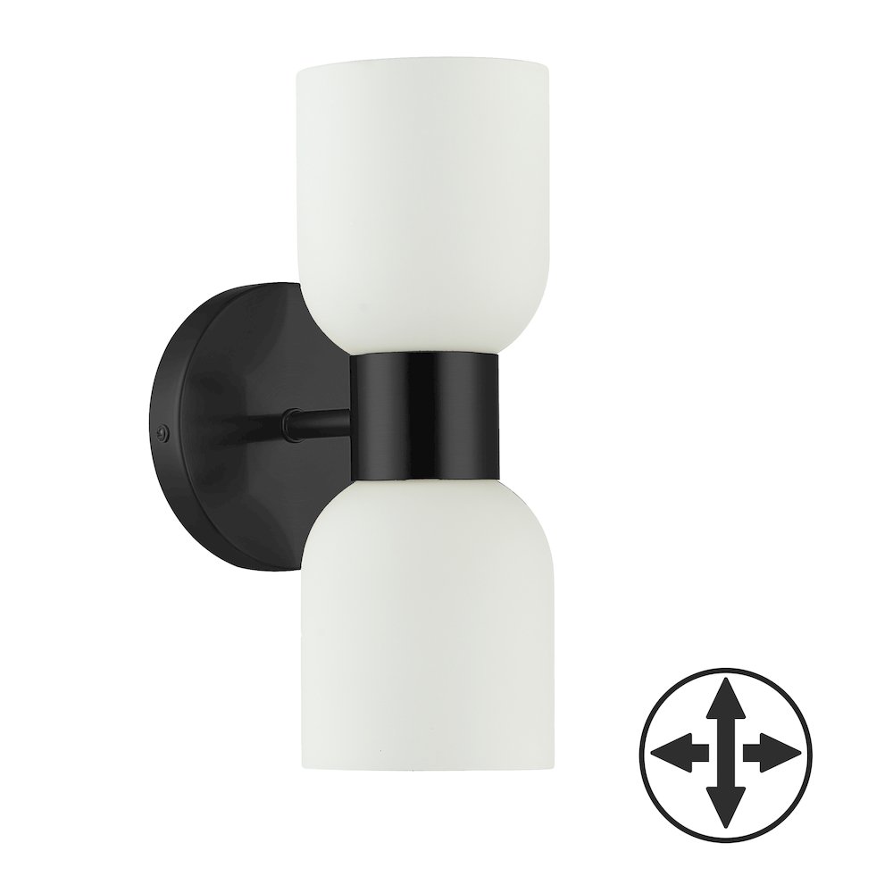 2 Light Matte Black Wall Sconce w/ Opal Glass. Picture 1