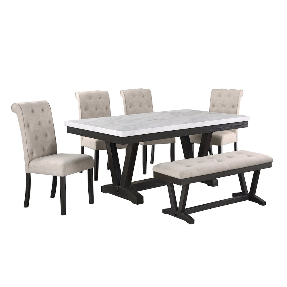 6 pc Dining set Faux Marble Wrap Table set with Beige Linen Chairs and one bench. Picture 1