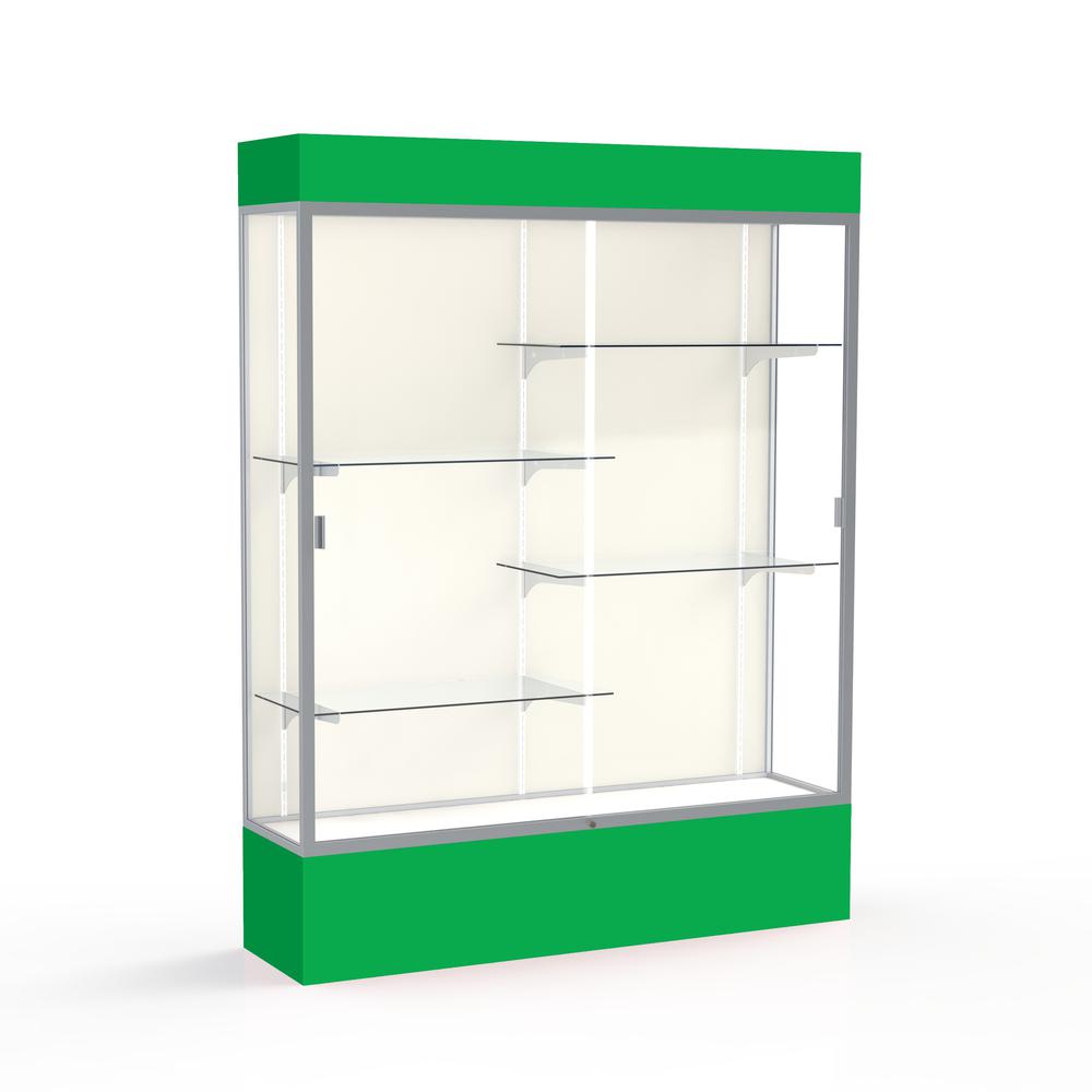 Spirit  60"W x 80"H x 16"D  Lighted Floor Case, Plaque Back, Satin Finish, Kelly Green Base and Top. Picture 1