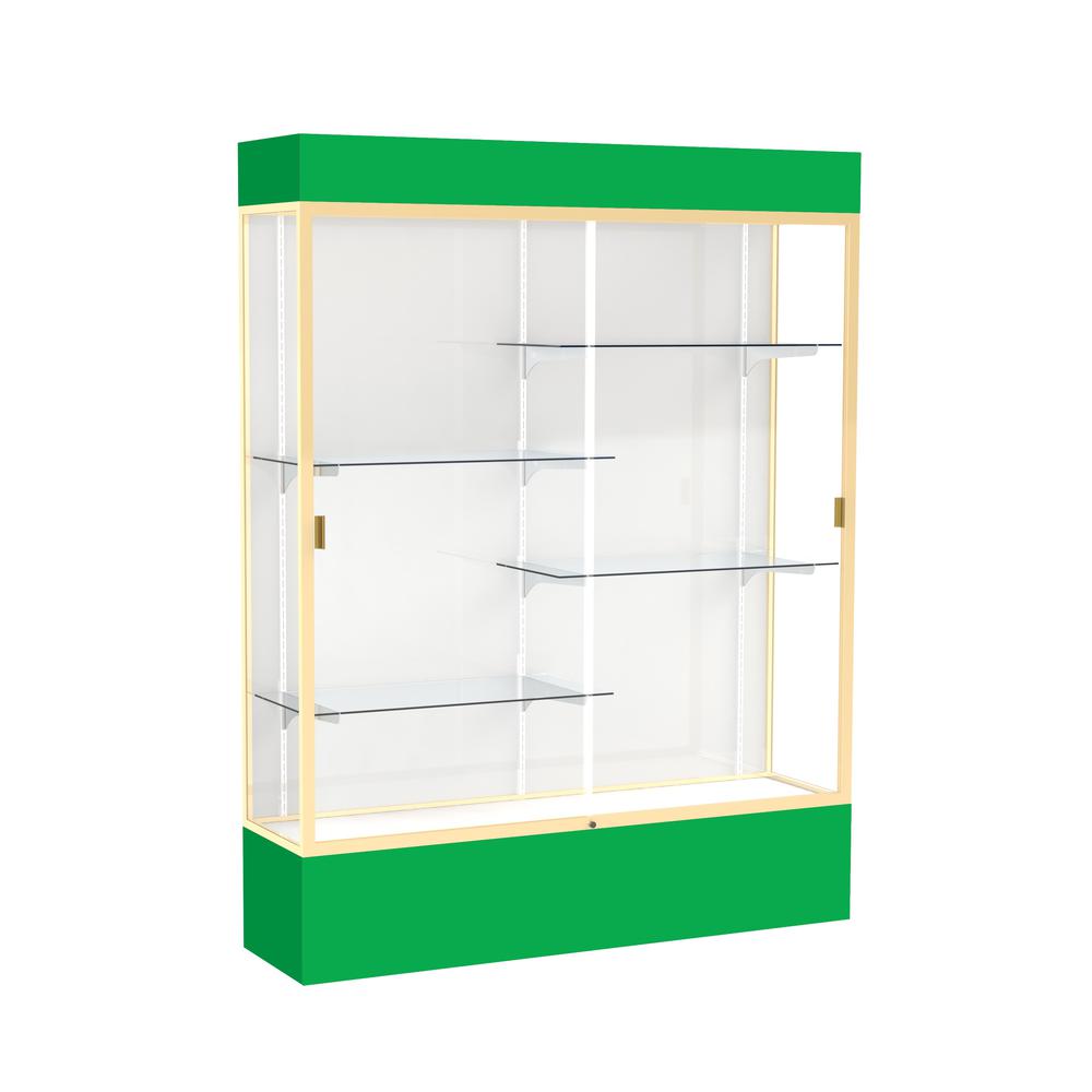 Spirit  60"W x 80"H x 16"D  Lighted Floor Case, White Back, Champagne Finish, Kelly Green Base and Top. Picture 1