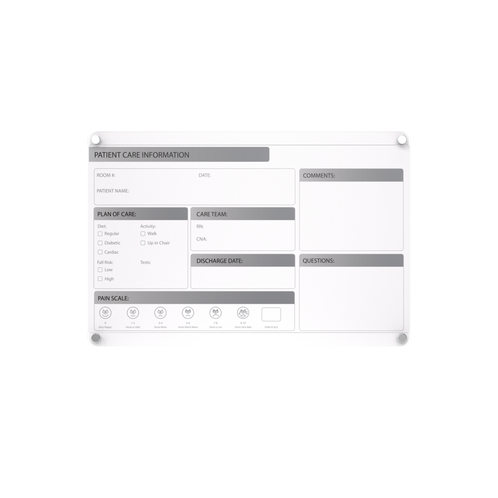 Ghent Graphics Slide Changeable Glassboard with Standoffs, Non-Magnetic, Patient Room Graphic, Horizontal, 24"H x 36"W. Picture 1