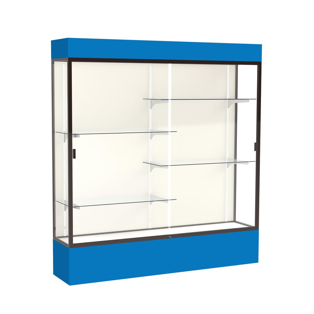 Spirit  72"W x 80"H x 16"D  Lighted Floor Case, Plaque Back, Dk. Bronze Finish, Royal Blue Base and Top. Picture 1