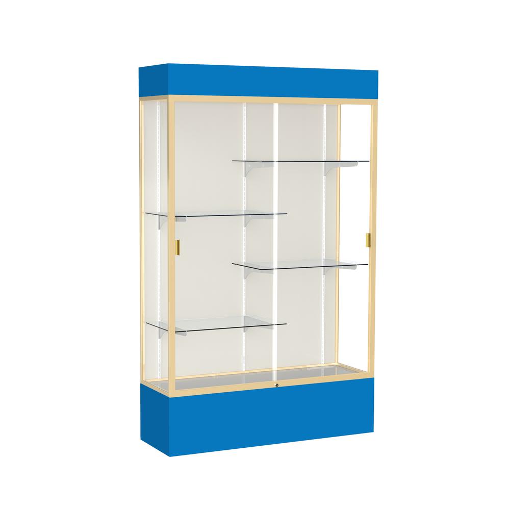Spirit  48"W x 80"H x 16"D  Lighted Floor Case, Plaque Back, Champagne Finish, Royal Blue Base and Top. Picture 1