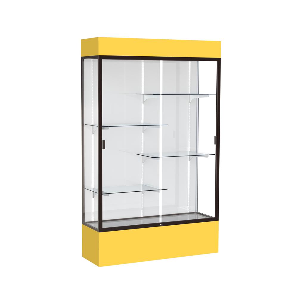 Spirit  48"W x 80"H x 16"D  Lighted Floor Case, White Back, Dk. Bronze Finish, Goldenrod Base and Top. Picture 1