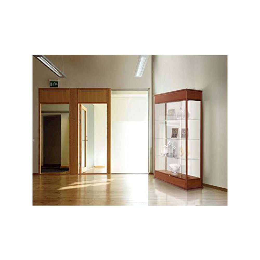 Varsity  48"W x 77"H x 18"D  Lighted Floor Case, Sliding Doors, Mirror Back, Carmel Oak Finish. Picture 3
