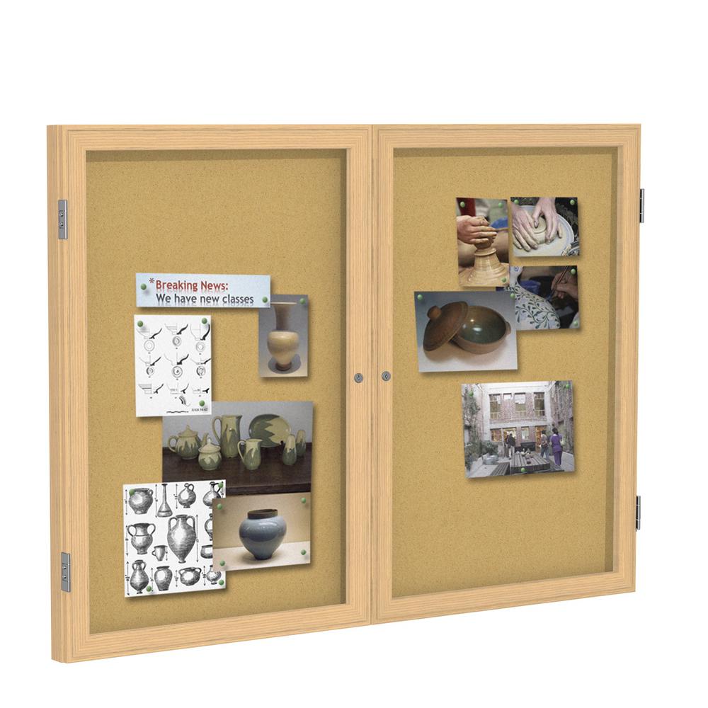 48"x60" 2-Dr Wood Frame Oak Finish Enclosed Bulletin Board - Natural Cork. Picture 1