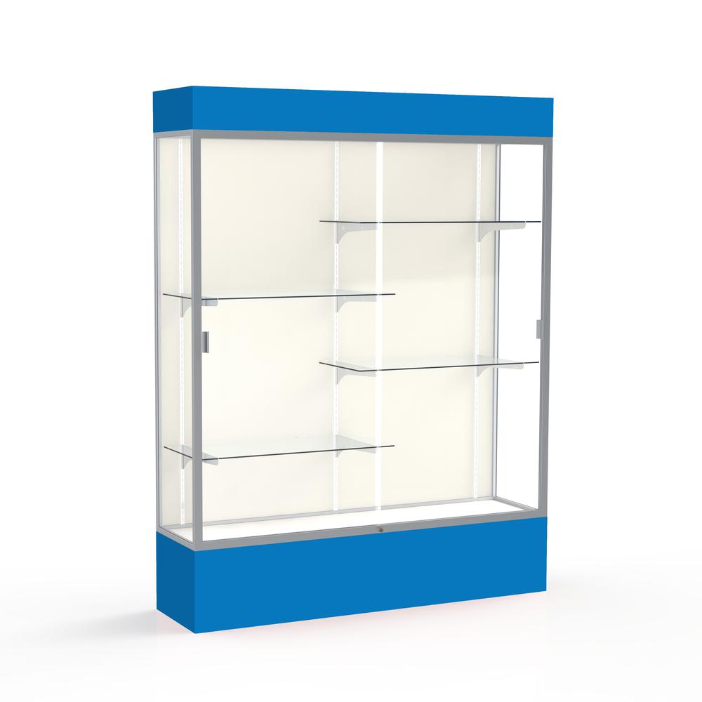 Spirit  60"W x 80"H x 16"D  Lighted Floor Case, Plaque Back, Satin Finish, Royal Blue Base and Top. Picture 1