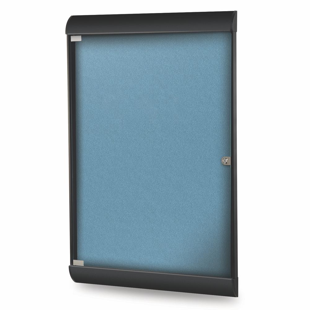 42⅛"x27¾" 1-Dr Silhouette Encl Bulletin Bd, Black Frame, Vinyl Fabric Ocean. Picture 1