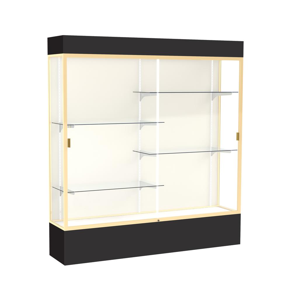 Spirit  72"W x 80"H x 16"D  Lighted Floor Case, Plaque Back, Champagne Finish, Black Base and Top. Picture 1
