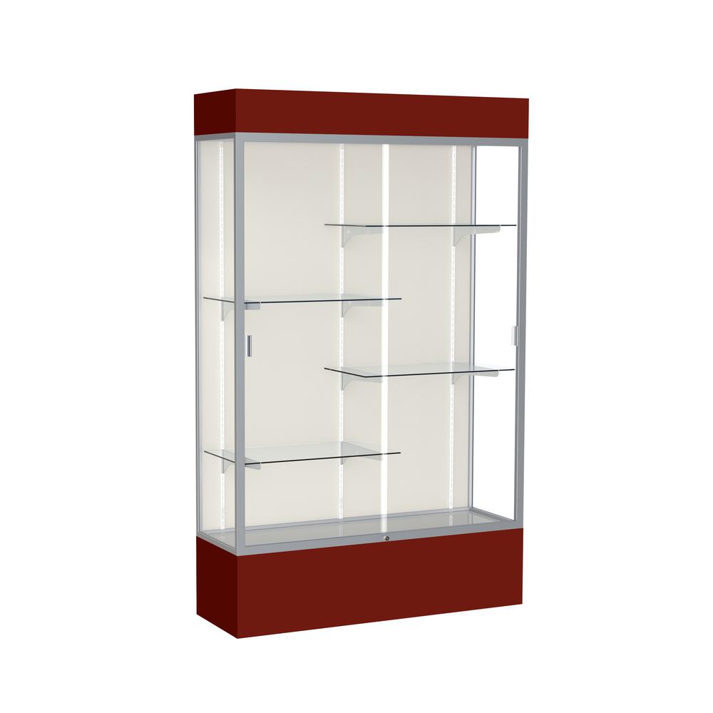 Spirit  48"W x 80"H x 16"D  Lighted Floor Case, Plaque Back, Satin Finish, Maroon Base and Top. Picture 1