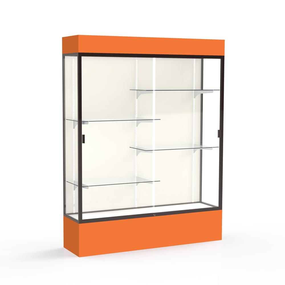 Spirit  60"W x 80"H x 16"D  Lighted Floor Case, Plaque Back, Dk. Bronze Finish, Orange Base and Top. Picture 1
