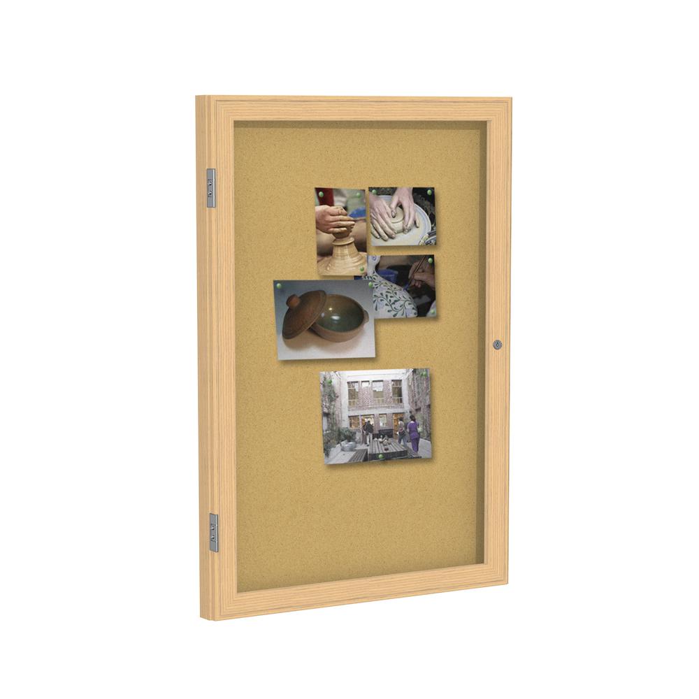 36"x36" 1-Dr Wood Frame Oak Finish Enclosed Bulletin Board - Natural Cork. Picture 1