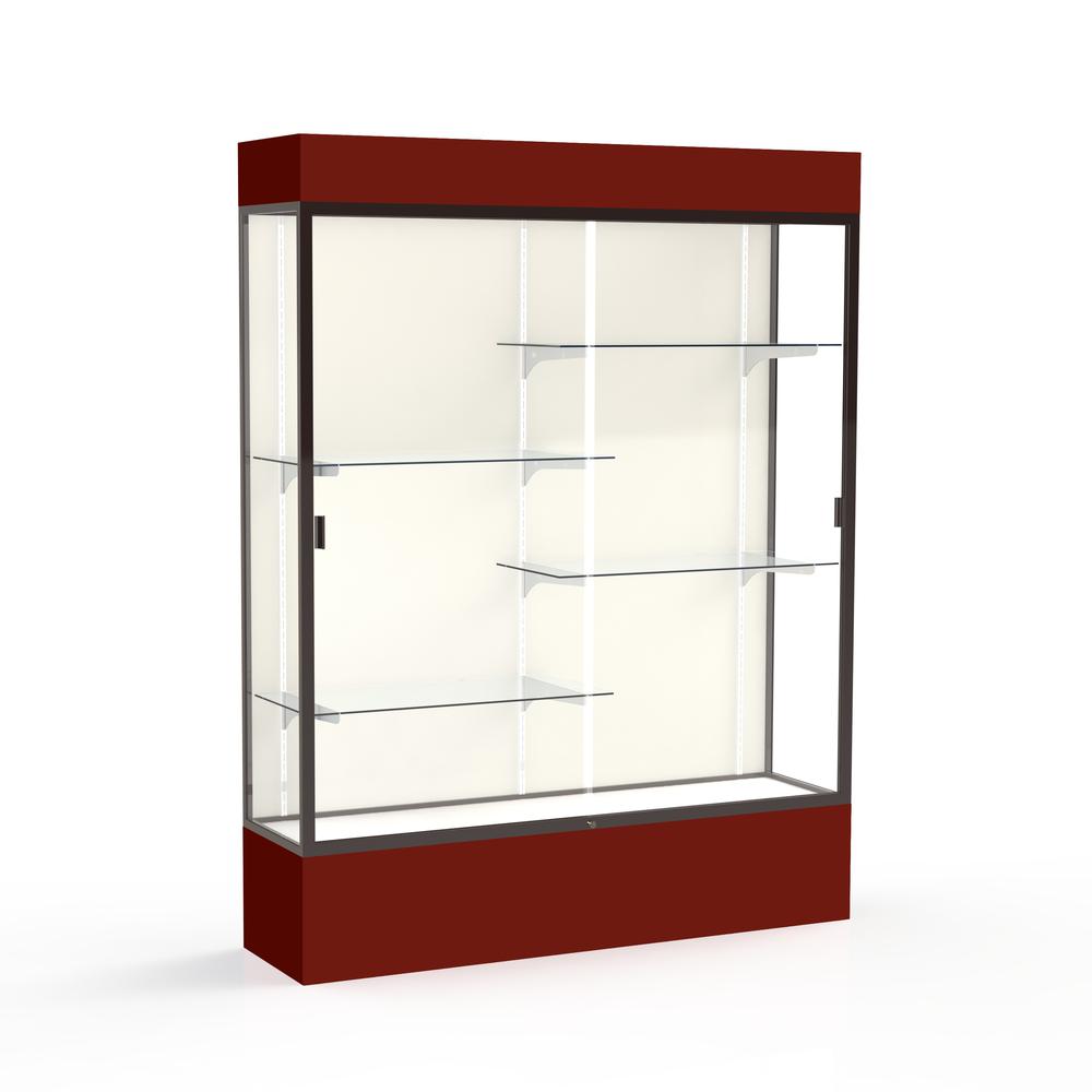 Spirit  60"W x 80"H x 16"D  Lighted Floor Case, Plaque Back, Dk. Bronze Finish, Maroon Base and Top. Picture 1