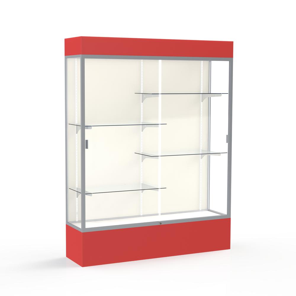 Spirit  60"W x 80"H x 16"D  Lighted Floor Case, Plaque Back, Satin Finish, Red Base and Top. Picture 1