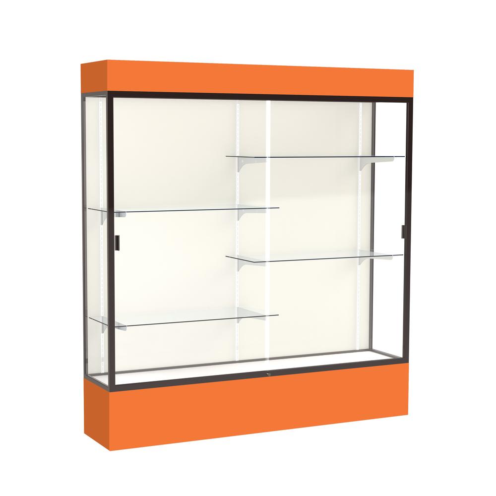 Spirit  72"W x 80"H x 16"D  Lighted Floor Case, Plaque Back, Dk. Bronze Finish, Orange Base and Top. Picture 1