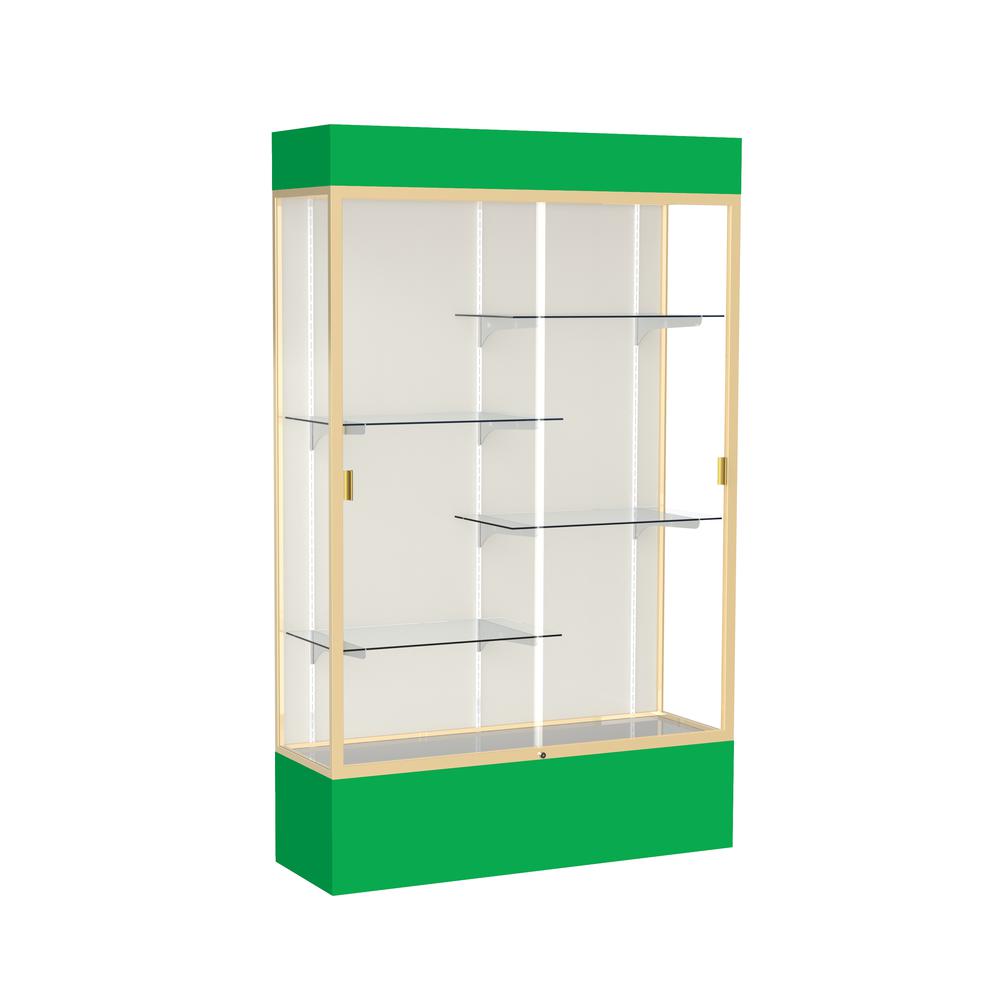 Spirit  48"W x 80"H x 16"D  Lighted Floor Case, Plaque Back, Champagne Finish, Kelly Green Base and Top. Picture 1