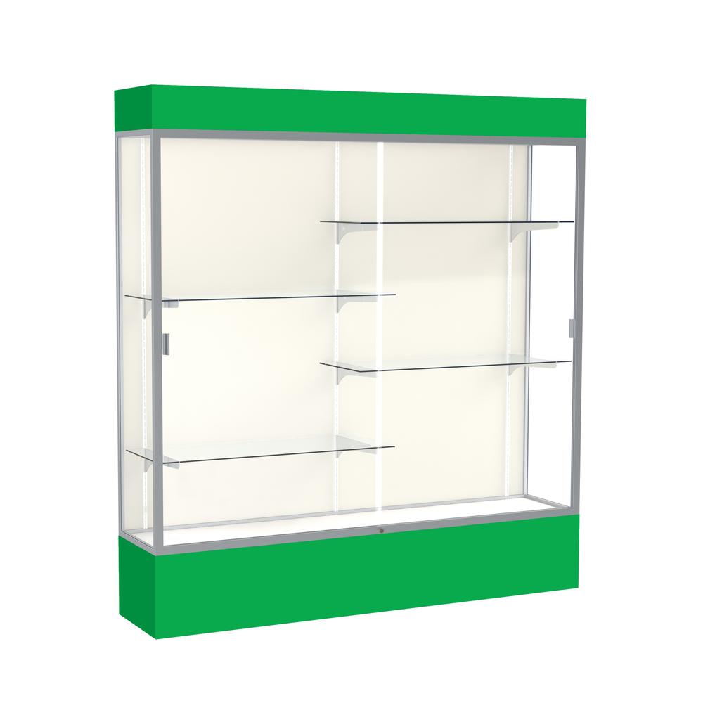 Spirit  72"W x 80"H x 16"D  Lighted Floor Case, Plaque Back, Satin Finish, Kelly Green Base and Top. Picture 1