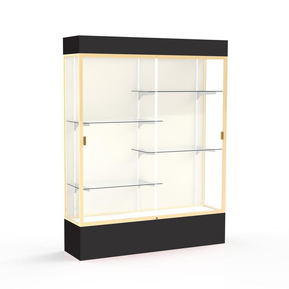 Spirit  60"W x 80"H x 16"D  Lighted Floor Case, Plaque Back, Champagne Finish, Black Base and Top. Picture 1