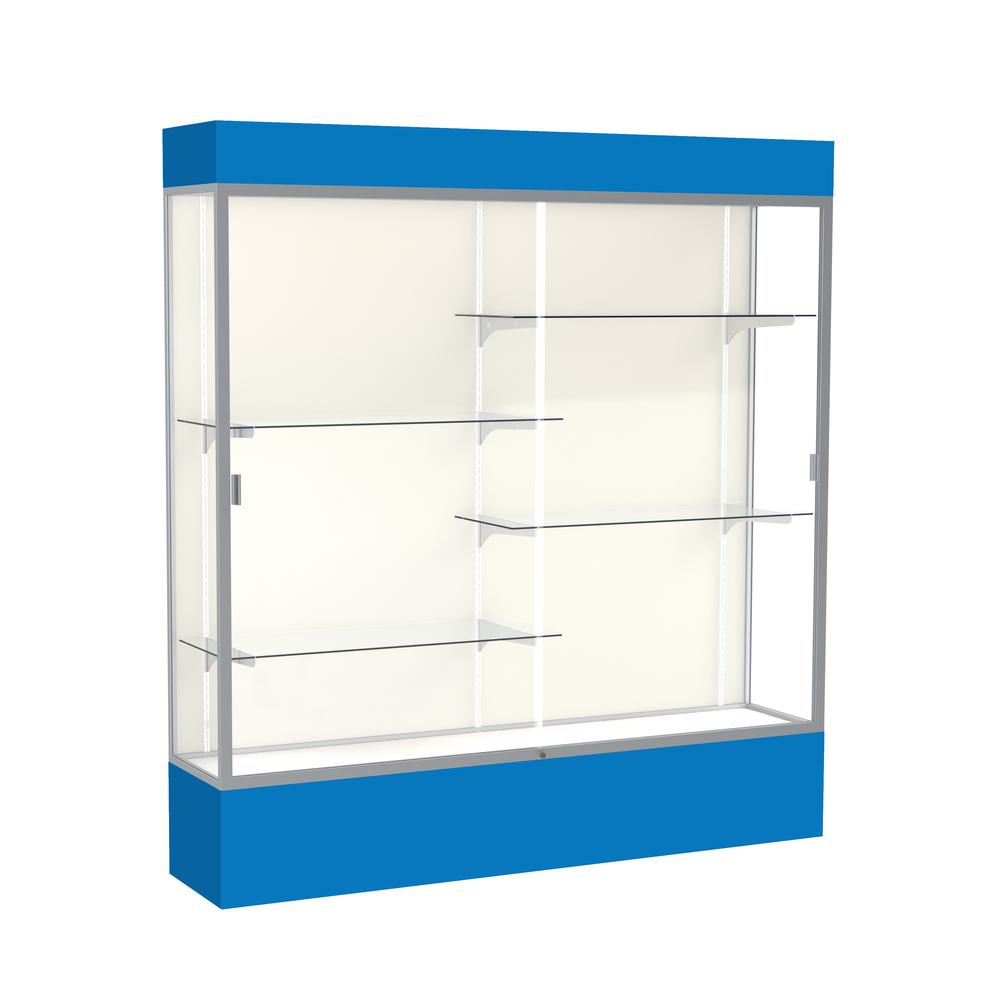 Spirit  72"W x 80"H x 16"D  Lighted Floor Case, Plaque Back, Satin Finish, Royal Blue Base and Top. Picture 1