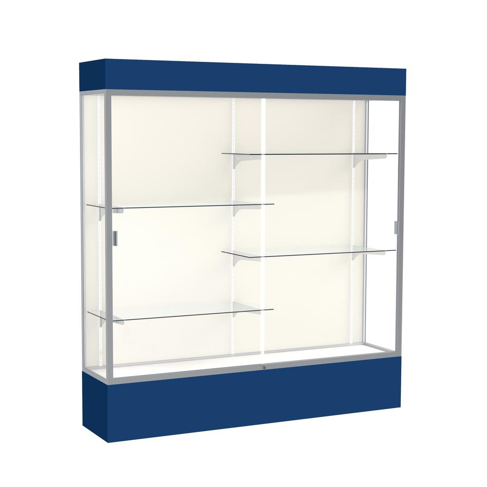 Spirit  72"W x 80"H x 16"D  Lighted Floor Case, Plaque Back, Satin Finish, Navy Base and Top. Picture 1