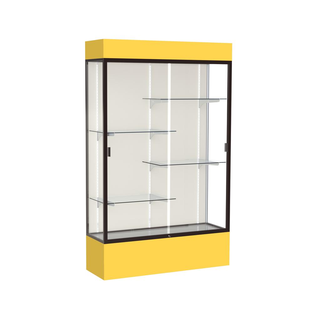 Spirit  48"W x 80"H x 16"D  Lighted Floor Case, Plaque Back, Dk. Bronze Finish, Goldenrod Base and Top. Picture 1