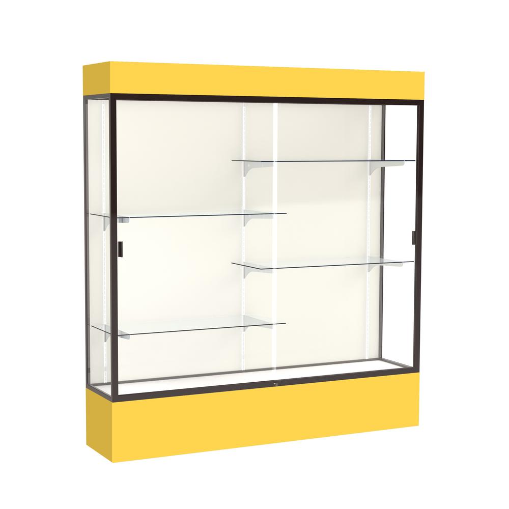 Spirit  72"W x 80"H x 16"D  Lighted Floor Case, Plaque Back, Dk. Bronze Finish, Goldenrod Base and Top. Picture 1