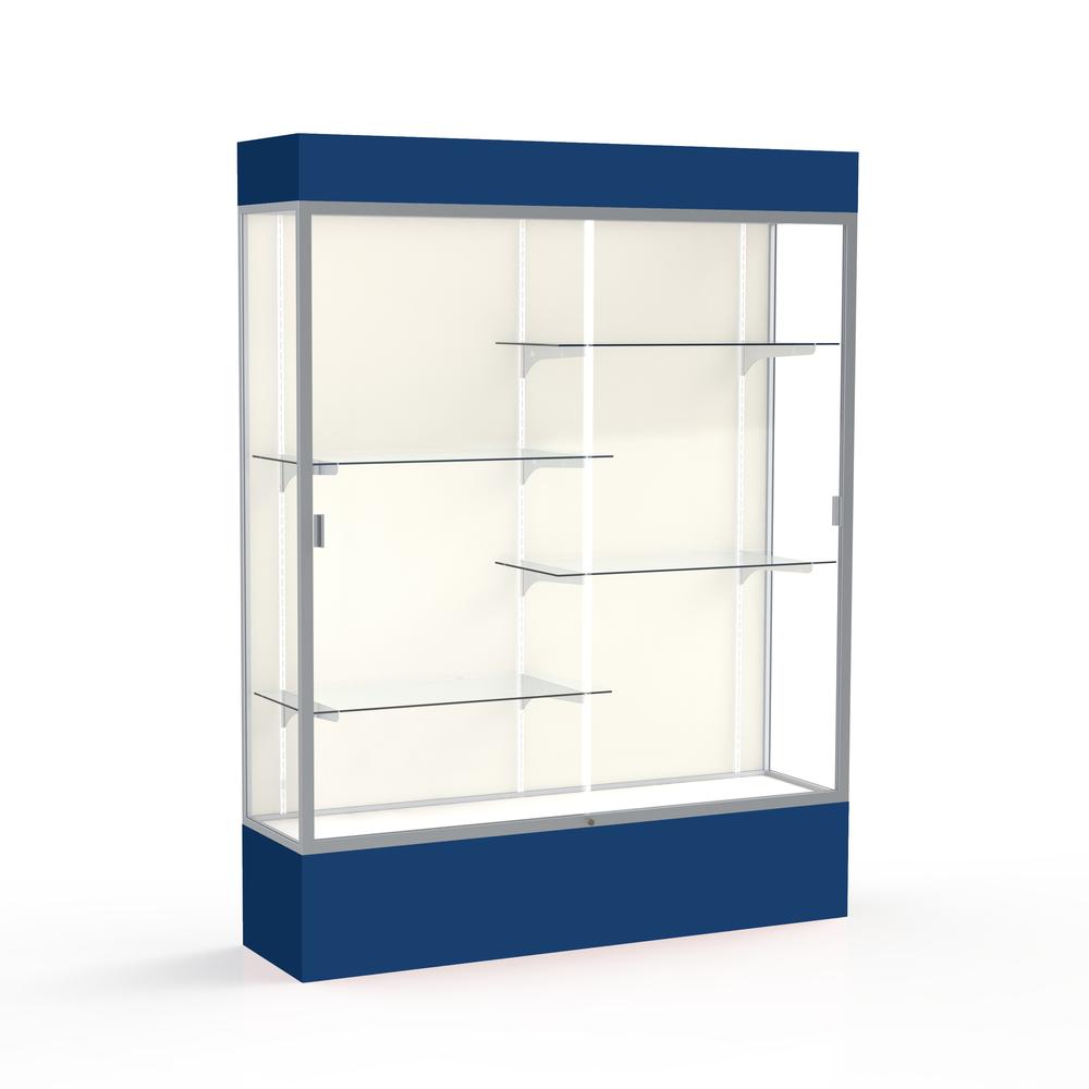 Spirit  60"W x 80"H x 16"D  Lighted Floor Case, Plaque Back, Satin Finish, Navy Base and Top. Picture 1