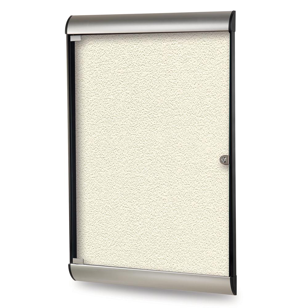 42⅛"x27¾" 1-Dr Silhouette Encl Bulletin Bd, Satin/Blk Fr, Vinyl Fabric Ivory. Picture 1