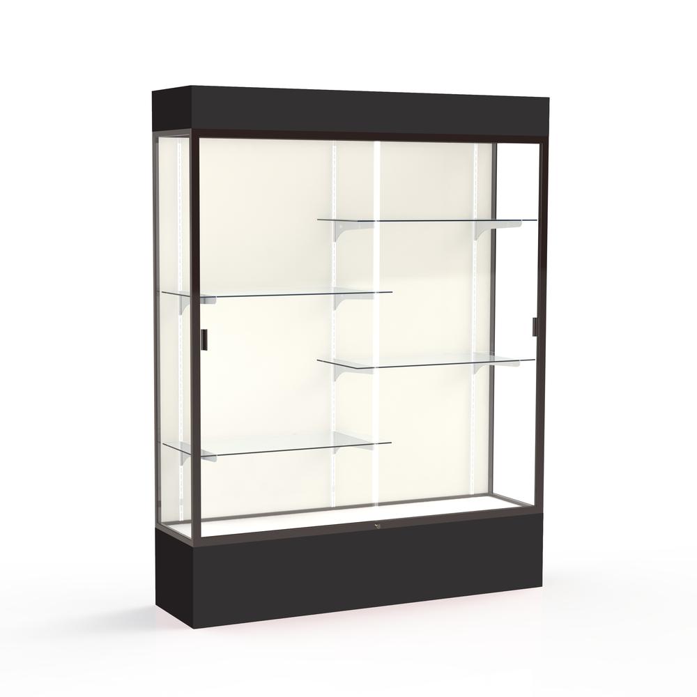 Spirit  60"W x 80"H x 16"D  Lighted Floor Case, Plaque Back, Dk. Bronze Finish, Black Base and Top. Picture 1
