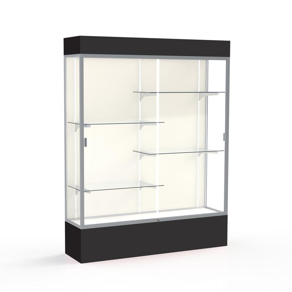 Spirit  60"W x 80"H x 16"D  Lighted Floor Case, Plaque Back, Satin Finish, Black Base and Top. Picture 1